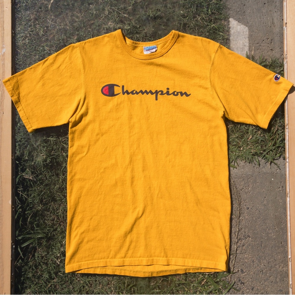 VINTAGE Size M Yellow Champion Logo T Shirt 80s/90s